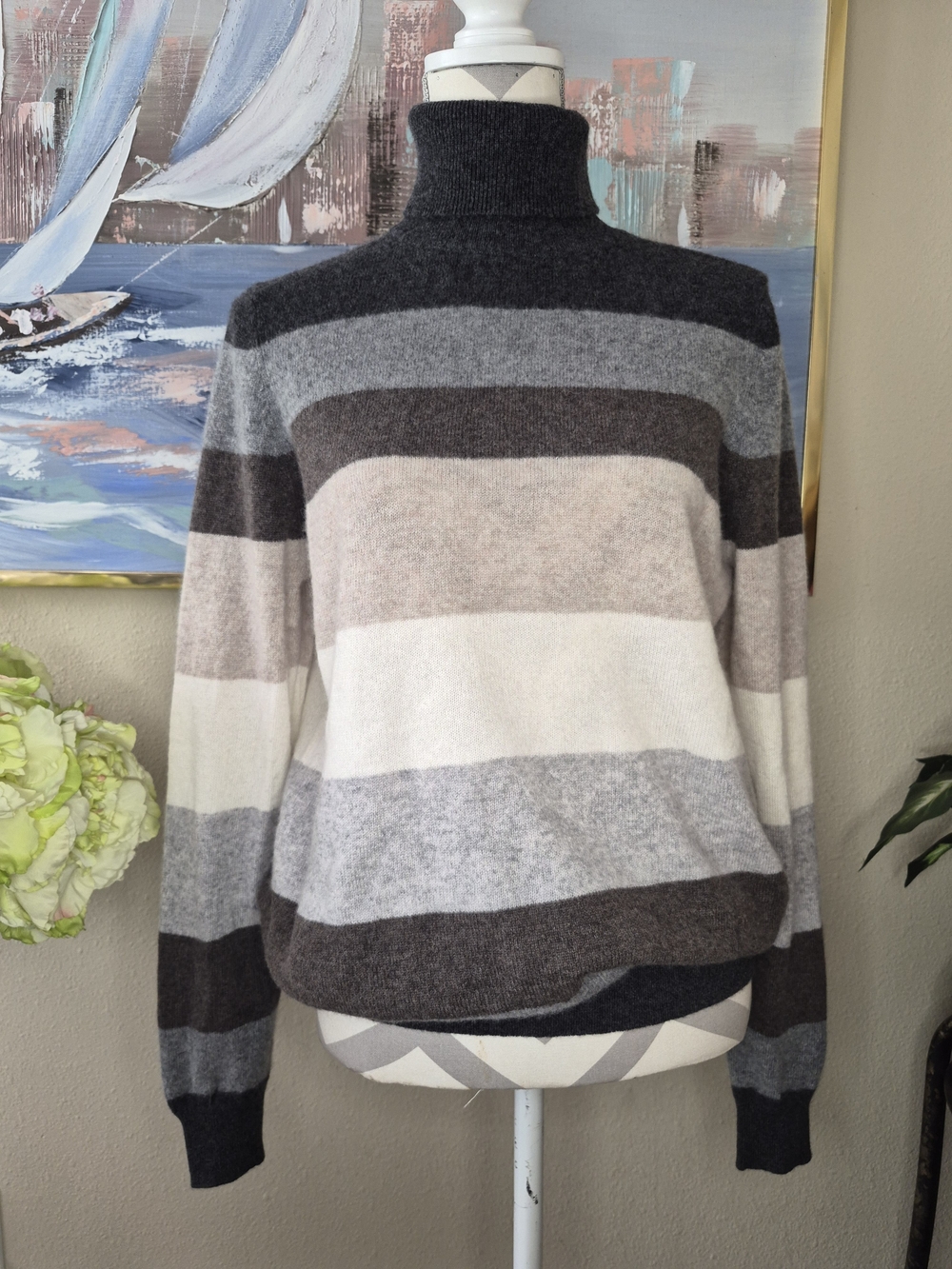 Charter Club 100% Cashmere Neutral Striped Turtleneck Sweater